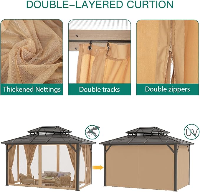 10X13FT Outdoor Hardtop Gazebo with Aluminum Frame, Heavy-Duty Double Roof Polycarbonate Gazebo Including Mesh Netting and Sunshade Curtains, for Patios, Terraces, Lawns, Decks, Brown + Khaki