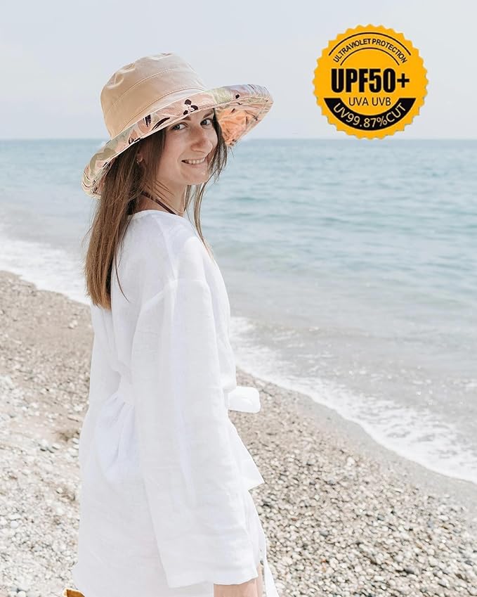 vidsel Womens Sun Hats Wide Brim Reversible Bucket Cotton Hat Packable Summer Travel Cap with Hat Clip,UV Protection