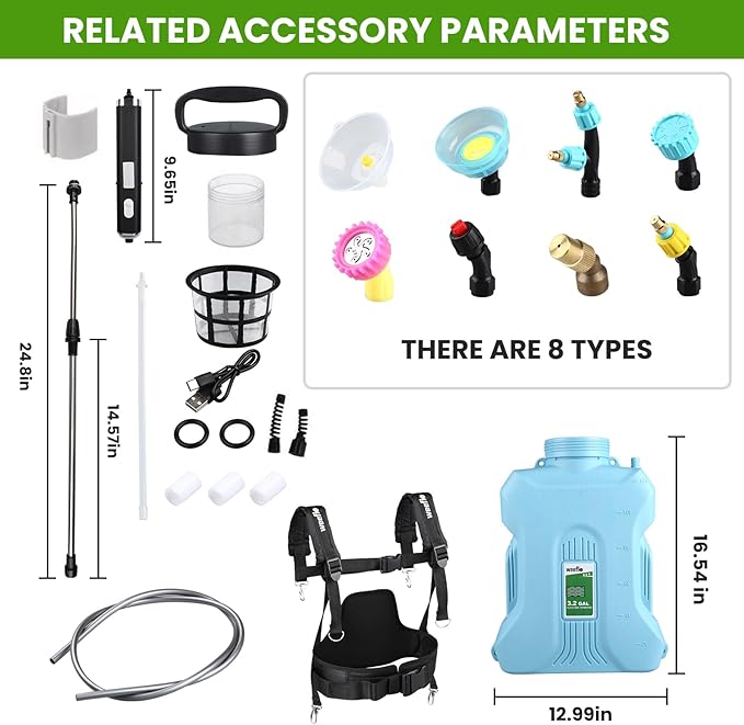 Battery Backpack Sprayer 3.2 Gallon, Electric Sprayer with Retractable Wand & 8 Mist Nozzles & USB Rechargeable Handle, Water Spray Pump Sprayers for Planting Lawn Yard Garden