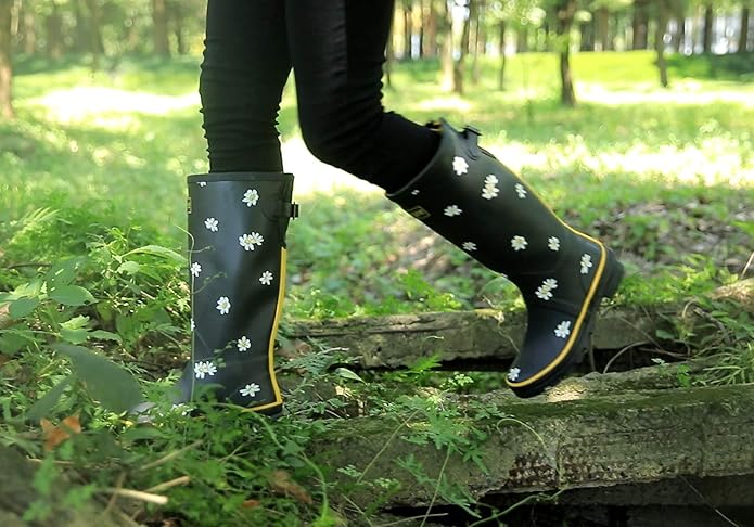 Rongee Rain Boots for Women Waterproof Garden Outdoor Mud Boots Printed with Adjustable Buckle