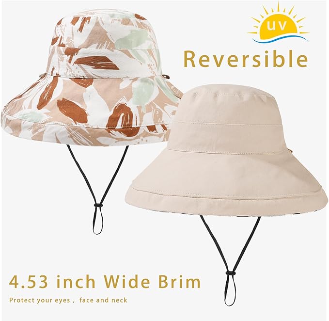 vidsel Womens Sun Hats Wide Brim Reversible Bucket Cotton Hat Packable Summer Travel Cap with Hat Clip,UV Protection