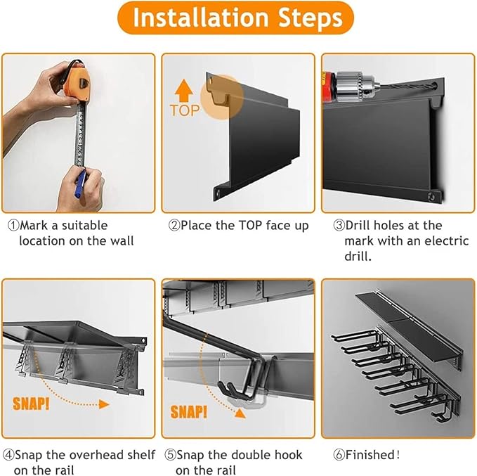 TORACK Garage Storage Organizer Systems, Wall Mount Overhead shelving, 48 inch Heavy Duty Steel Tool Racks, 6-Pack 12'' Double Hooks, 48 inch by 7 inch Floating Shelves, up to 1200Ibs