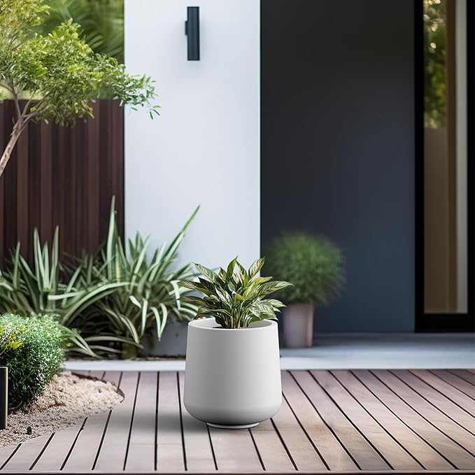 Kante 15.3-Inch Dia Round Concrete Planter, Large Plant Pot with Drainage Hole and Rubber Plug for Indoor Outdoor Use – Home, Garden, or Patio, Pure White
