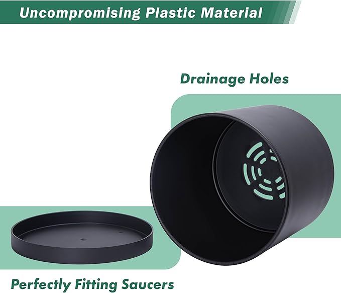 D'vine Dev 14 Inch Black Plastic Planter Pots for Plant Pot with Drainage Hole and Seamless Saucers, 74-X-B-4