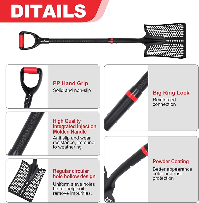 SHARK ATTACK Heavy Duty Sifting Shovel, 45 Inch Powder Coated Steel Mesh Shovel with D-Grip Handle for Beach, Soil & Chicken Coop, Farm Goat Stall Sand Poop Cleaning