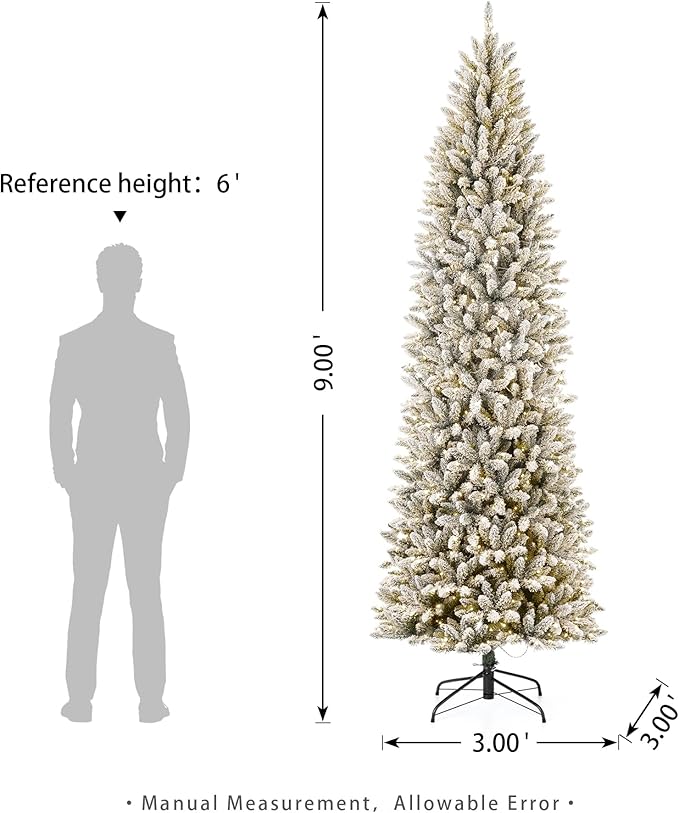 Glitzhome 9ft Pre-Lit Artificial Christmas Tree, Snowy Splendor Fir Hinged Holiday Christmas Tree Flocked Pencil Xmas Tree with 600 Warm White Lights for Home, Office, Party Decoration