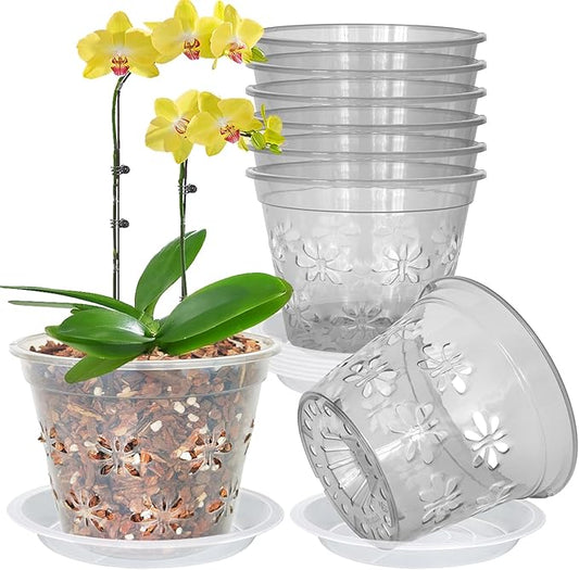 Orchid Pot, 8 Pack Orchid Pots with Holes & Saucers, Clear Plastic Pot for Repotting, Breathable Ventilation Planters for Phalaenopsis, Dendrobium & Oncidium Orchids(5 inch, Grey)