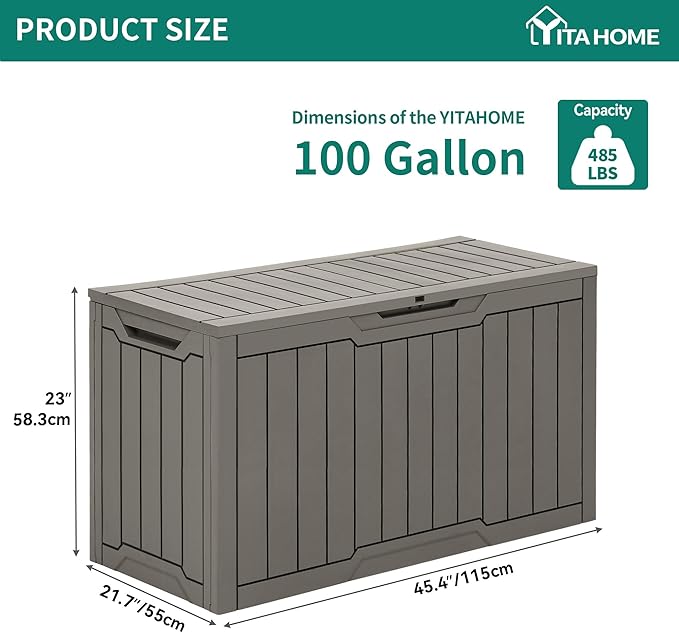 YITAHOME 100 Gallon Outdoor Storage Box, Large Water Resistant Resin Deck Box, Indoor Outdoor Lockable Storage Container for Patio, Garden, Cushions, Tools, Equipment (Taupe)