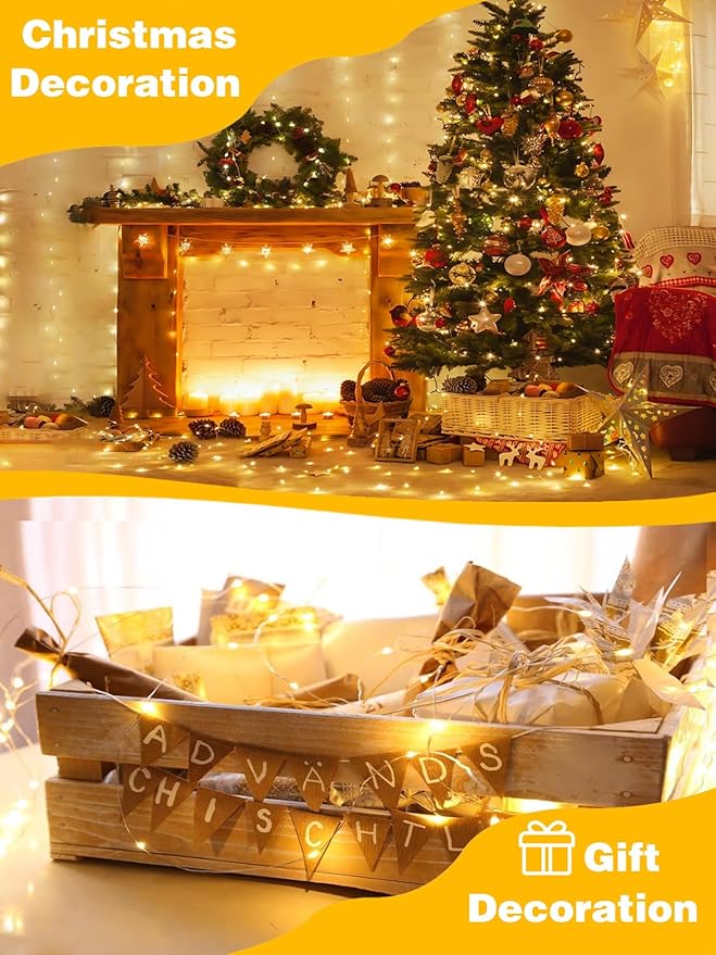 3 Pack 60LED Christmas Battery Operated Fairy Lights with Remote, 8 Modes String Lights with Timer, Dimmable, Memory Function, Waterproof Twinkle Lights for Outdoor Indoor Christmas Decor(Warm White)