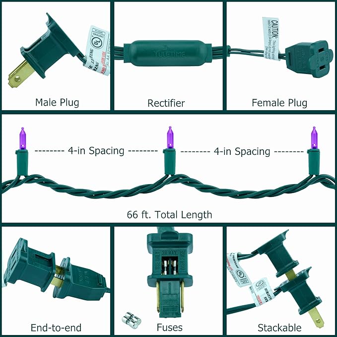YULETIME 200 Count Purple LED Christmas Lights, 66 Feet Green Wire UL Certified Commercial Grade Holiday String Light Set (Purple)