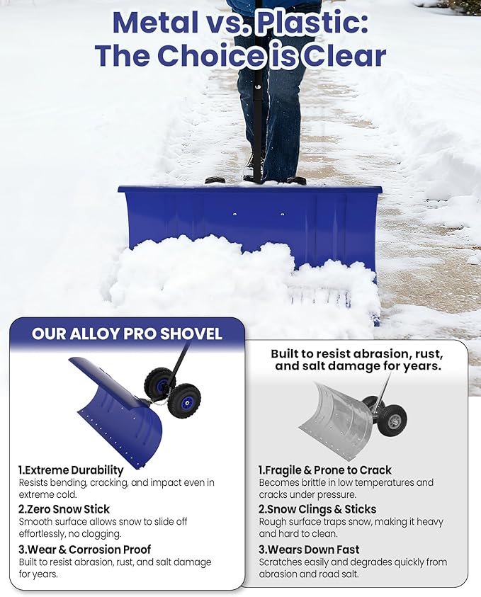 36" Snow Pusher Shovel with Wheels, Adjustable Ergonomic T-Handle Snow Plow for Driveway, Heavy Duty Wheeled Rolling Shovels for Driveway and Sidewalks with Angeled Blade