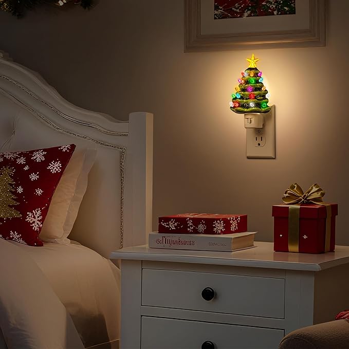 DORESshop Christmas Tree Night Light, 3000K Night Lights Plug into Wall, Cute & Funny Ceramic Christmas Decor Night Light for Kids, Plug in Nightlight with 360° Rotatable, Holiday Party Decor, 2 pack