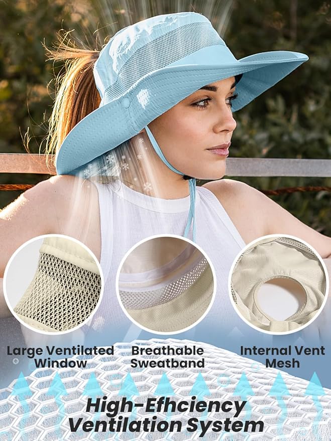 EW EastWater Beach Sun Bucket Hats for Women,UV Protection High Ponytail Hole UPF 50+ Waterproof for Hiking Safari Fishing