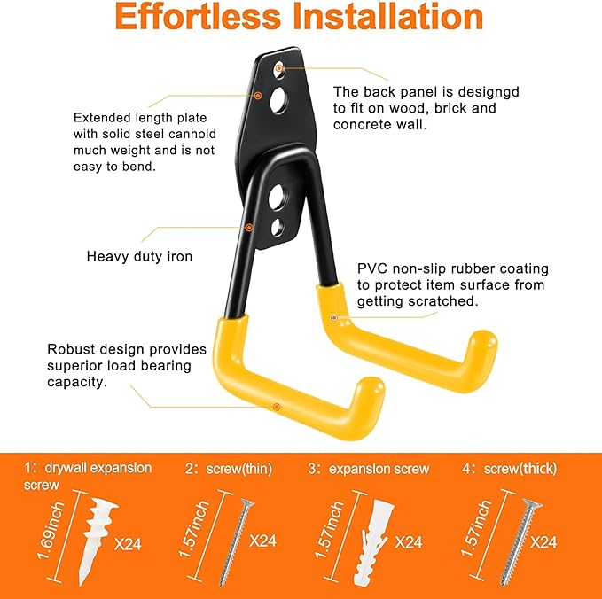 12 Pack Garage Hooks Heavy Duty Utility Steel with Anti-Slip Coating Wall Mount Storage Organizer for Hanging Power and Garden Tools, Ladders, Hose, Bikes, Ropes, Bulk Items, and More