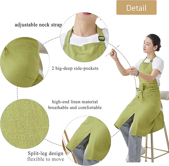 Linen Apron for women with pockets Cottion Linen Split-leg Apron for Clay Kichen Artist Pottery Gardening