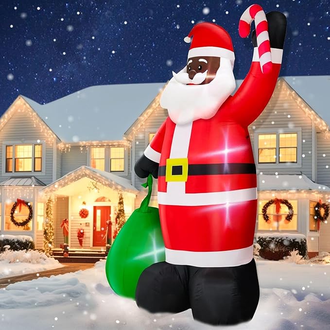 12 Ft by 7.5 Ft Giant Black Santa Christmas Inflatable Outdoor Decoration, Santa Claus Blow Up Inflatable with Candy Cane Gift Bag, Black Christmas Yard Decor Built-in LED Light for Xmas Lawn Garden