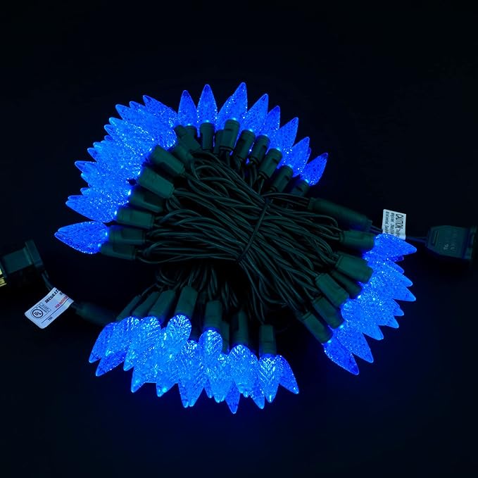 YULETIME Blue C6 Strawberry LED Christmas Lights, 33 ft 100 Count 4" Spacing One-Piece High Waterproof UL Certified String Light (Blue)