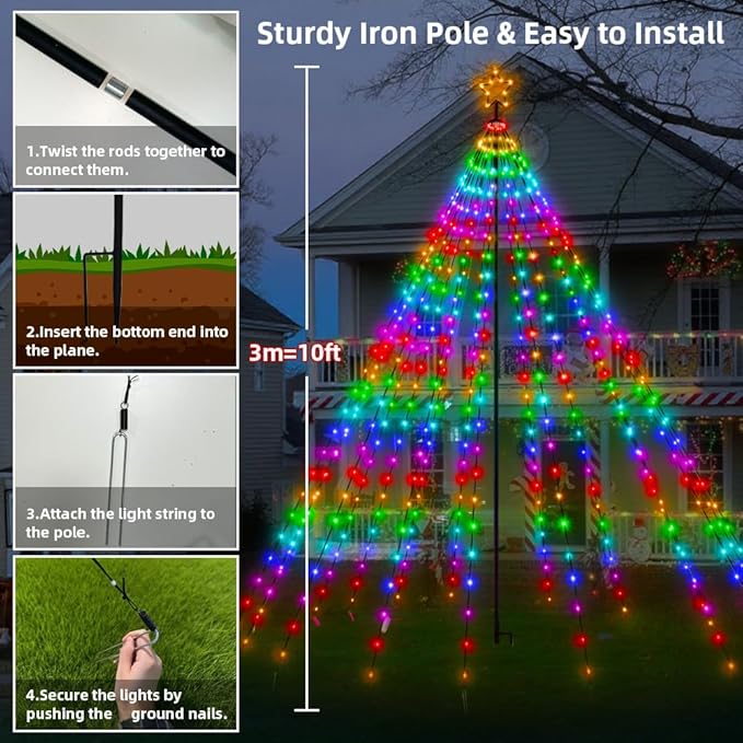 10ft Smart Outdoor Christmas Tree Lights,App&Remote Control Iron Pole Waterfall String Lights,DIY RGB Color Changing,Music Sync,Timer,Waterproof Star Tree Lights for Yard,Party,Holiday,Xmas Decor