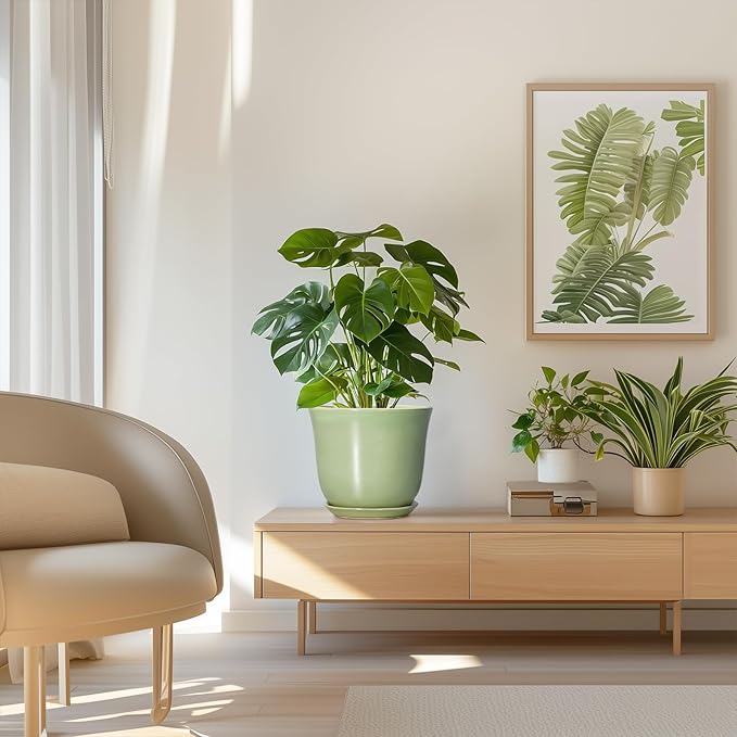 Ceramic Flower Pots - 8 Inch Plant Pot Drainage Hole and Saucer, Round Plant Pot with for Indoor Outdoor, Modern Planter, Decorative Planter, Home Porch Room Decor, Housewarming Gift, Green