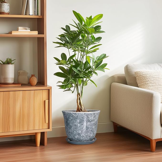 Ceramic Pots for Plants - 10 Inch Planter with Drainage Hole and Saucer, Round Plant Pot for Indoor Outdoor, Decorative Flower Pot, Modern Planter, Garden Decor, Gifts for Plant Lover, Grey