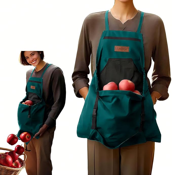 Gardening Apron with Harvesting Pouch for Women/Men, Adjustable Cross Back，Zippered Phone Pocket - Great Gift