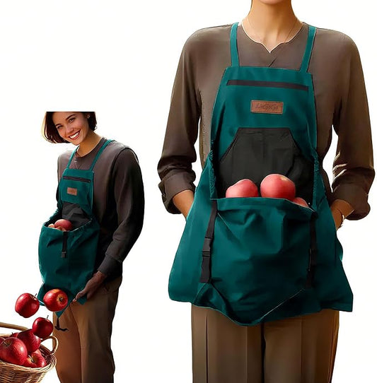 Gardening Apron with Harvesting Pouch for Women/Men, Adjustable Cross Back，Zippered Phone Pocket - Great Gift