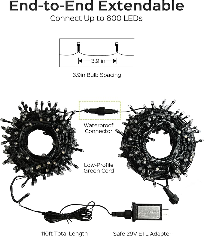 JACKYLED 110FT 300 LED White Christmas Lights Outdoor Waterproof, Indoor Christmas String Lights 8 Modes, Plug in Christmas Tree Lights for Room Wedding Holiday Christmas Decorations, Cool White