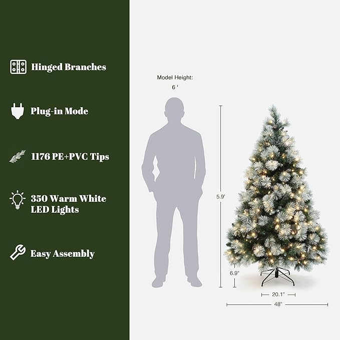 LuxenHome 6FT Christmas Tree with Lights, Full Flocked Artificial Christmas Tree with 350 LED Lights and Pinecone, and Snow Flocked Branches, Prelit Pine Tree for Indoor, Outdoor Holiday Décor