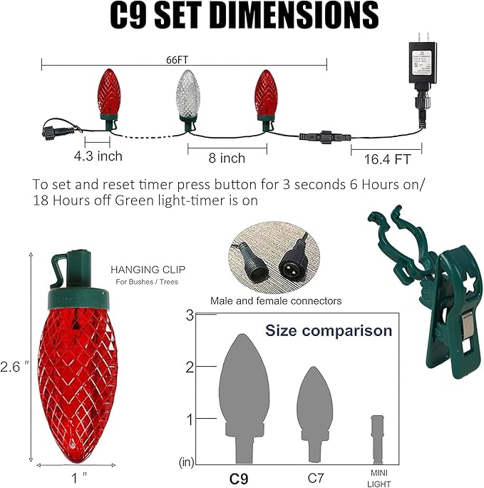 TW SHINE C9 Christmas Lights, 100 LED 66 FT Christmas String Lights Outdoor with 100 Spring Clips and Timer, Waterproof Connectable for Indoor Yard Xmas Tree House Decorations (Red & Warm White)