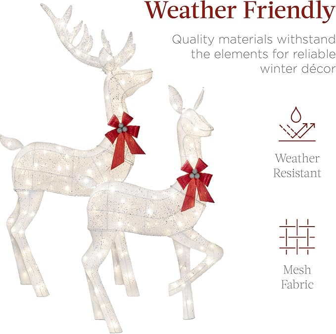 Best Choice Products 3-Piece Large Lighted Christmas Deer Family Set 5Ft Outdoor Yard Decoration with 360 LED Lights, Stakes, Zip Ties - White