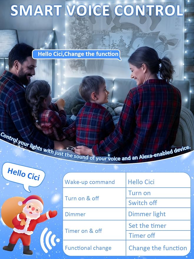 Voice Controlled Smart Christmas Lights Outdoor, 75.8ft 200 LED Extendable String Lights with 7 Voice Commands, 12 Modes & Timer, Waterproof Christmas Decorations for Party Tree Garden (Cool White)