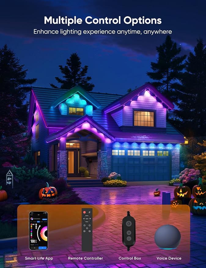 APPECK Permanent Outdoor Lights Pro 100ft, 72W RGBCW Eaves Lights with 72 LED Lights, 80lm, Cuttable, 111 Scene Modes, IP67 Waterproof Lighting for Halloween Decoration, Work with Alexa, White