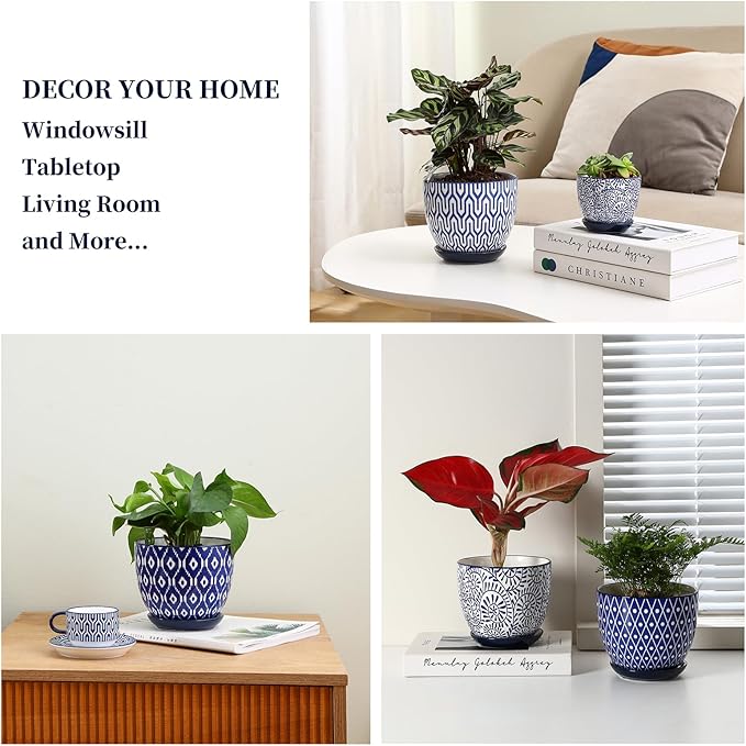 Selamica Ceramic Plant Pots, 5.6 Inch Flower Pots for Indoor Plants with Drainage Hole and Saucer,Home Decor, Set of 4, Vintage Blue