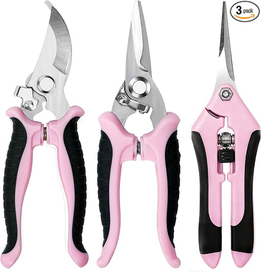 3 Pack Garden Pruning Shears, Stainless Steel Shears, Gardening Shears, Scissors, Garden Clippers, Pruning Snips, Pruning Shears for Gardening Tools (Pink)