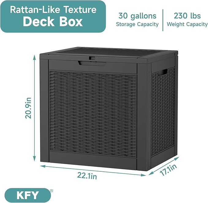 30 Gallon Waterproof Resin Deck Box, UV Resistant Outdoor Storage for Garden, Patio, Porch, Delivery, Rattan Black
