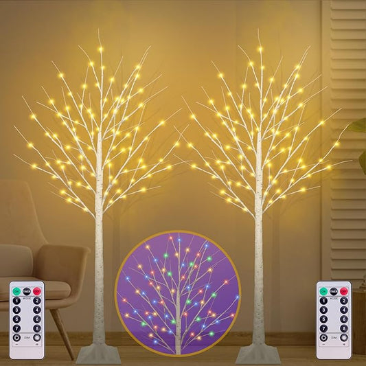 5FT Lighted Birch Tree with 90 LED Warm White and Multicolor Lights, 8 Modes, Timer Remote Faux Light Up Twig Christmas Tree for Indoor Outdoor Xmas Holiday Party Garden Decoration (2 Pack)