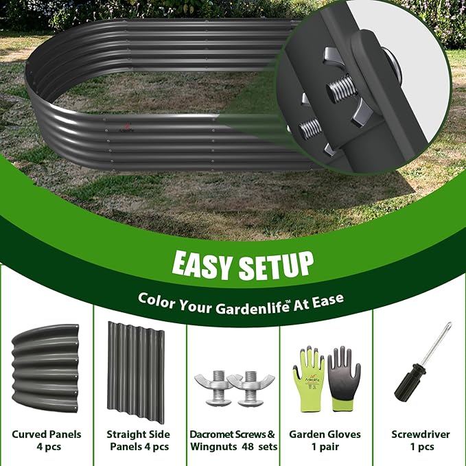 A ANLEOLIFE 6 Pcs 6X2X1.5 ft Oval Round Galvanized Raised Garden Beds Outdoor for Planting Vegetables Flowers Herb, Quartz Grey
