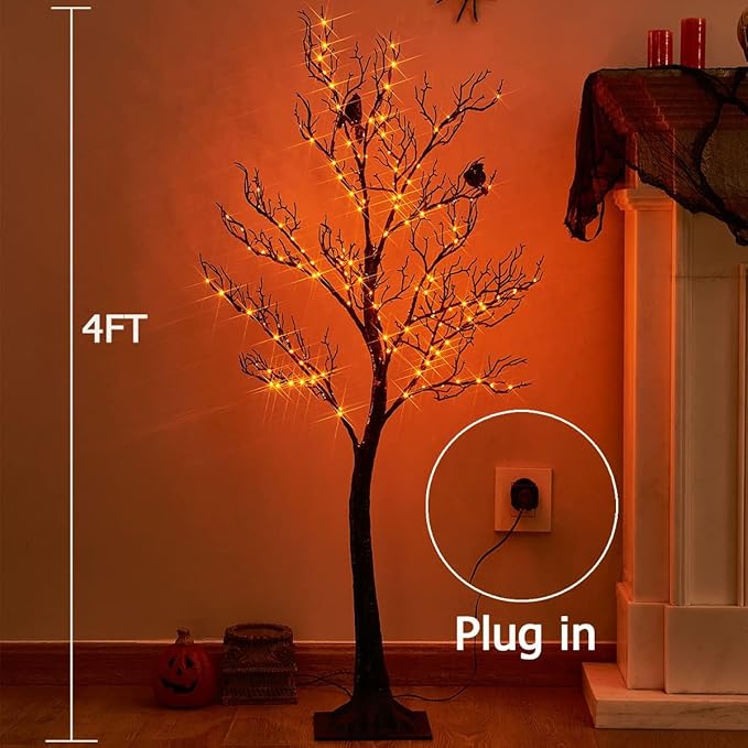 Birchlitland Halloween Tree with Lights 150 Orange Fairy Lights, 4TF Tell Black Glittered Tree Lights Pull in for Indoor and Outdoor Halloween Party Decoration