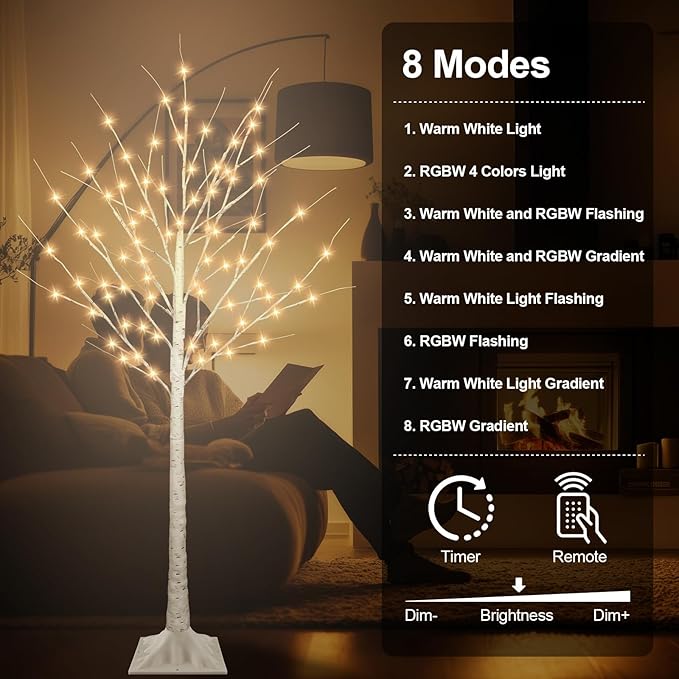 5FT Lighted Birch Tree with 90 LED Warm White and Multicolor Lights, 8 Modes, Timer Remote Faux Light Up Twig Christmas Tree for Indoor Outdoor Xmas Holiday Party Garden Decoration (2 Pack)