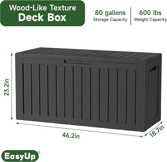 80 Gallon Waterproof Resin Deck Box, UV Resistant Outdoor Storage for Garden, Patio, Porch, Delivery, Black