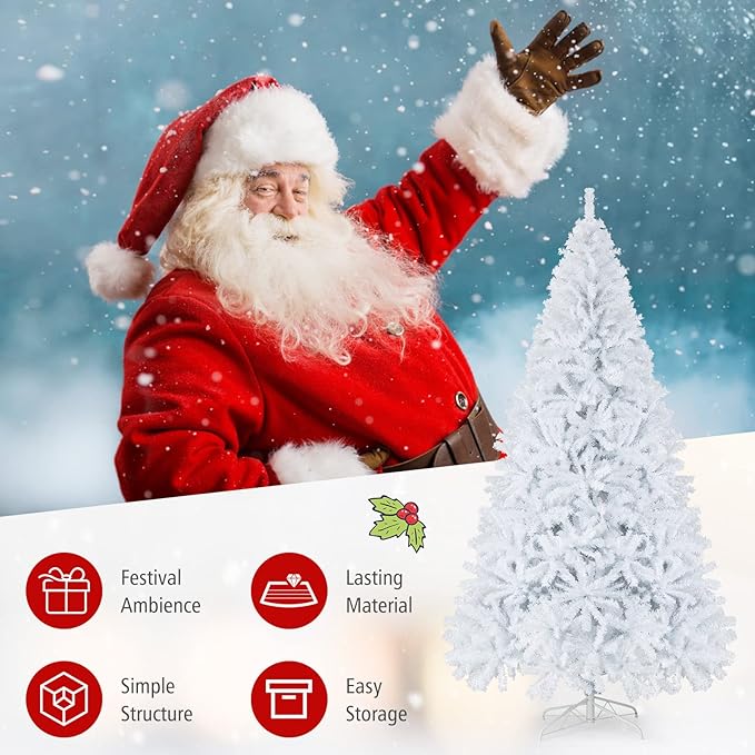 Goplus White Artificial Christmas Tree, 9ft Premium Unlit Hinged Spruce Full Tree, with Metal Stand, Easy Assembly, for Indoor and Outdoor Use