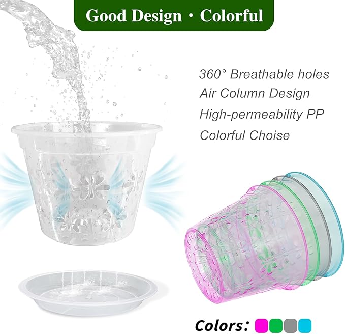 Orchid Pot, 8 Pack Orchid Pots with Holes & Saucers, Clear Plastic Pot for Repotting, Breathable Ventilation Planters for Phalaenopsis, Dendrobium & Oncidium Orchids(7 inch, Green)