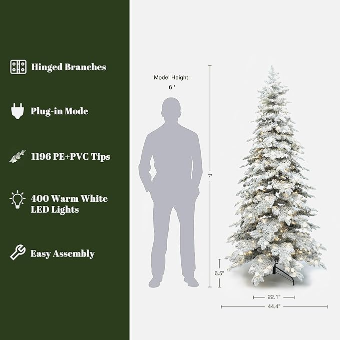 LuxenHome 7FT Flocked Christmas Tree with Lights, Downswept Slim Prelit Christmas Tree with 400 Adjustable LED Globe Lights, 1196 PE+PVC Tips, Lighted Xmas Trees for Holiday Decoration