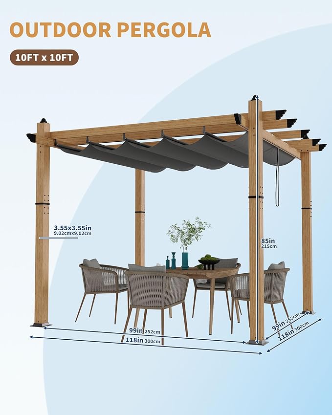 Garvee 10x10 Ft Aluminum Pergola Outdoor Pergola with Retractable Canopy Wood-Grain Sun Shade Shelter for Garden Patio Backyar Deck(Gray)