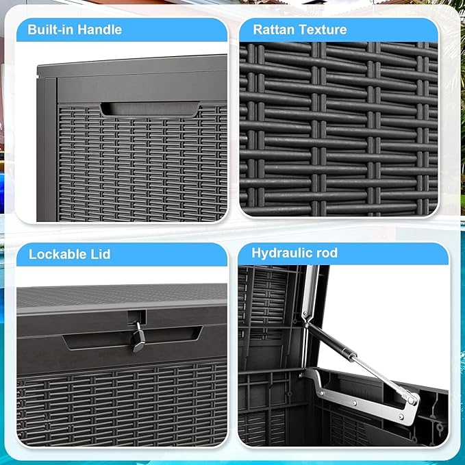 EasyUp 102 Gallon Outdoor Storage Box Waterproof, UV Resistant Resin Deck Box with Hydraulic Rod, Lockable Design and Enhanced Durability for Patio, Garden, and Poolside Use