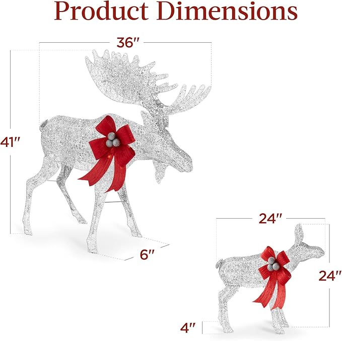 Best Choice Products 2-Piece Moose Family, Lighted Outdoor All-Weather Christmas Yard Decoration Light-Up Décor Set w/ 170 LED Lights, Ground Stakes, Zip Ties - Silver