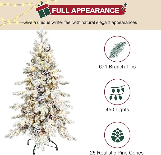 5 FT Pre-Lit Snow Flocked Slim Fir Christmas Tree with 671 PE & PVC Mixed Branch Tips,Artificial Skinny Pencil Xmas Tree with 450 Warm-White Lights & 25 Pine Cones,Hinged Pine Tree with Metal Stand