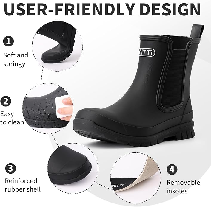 NITTI Women's Waterproof Short Rain Boots Slip-Resistant Rubber Chelsea Garden Shoes with Comfort Insole
