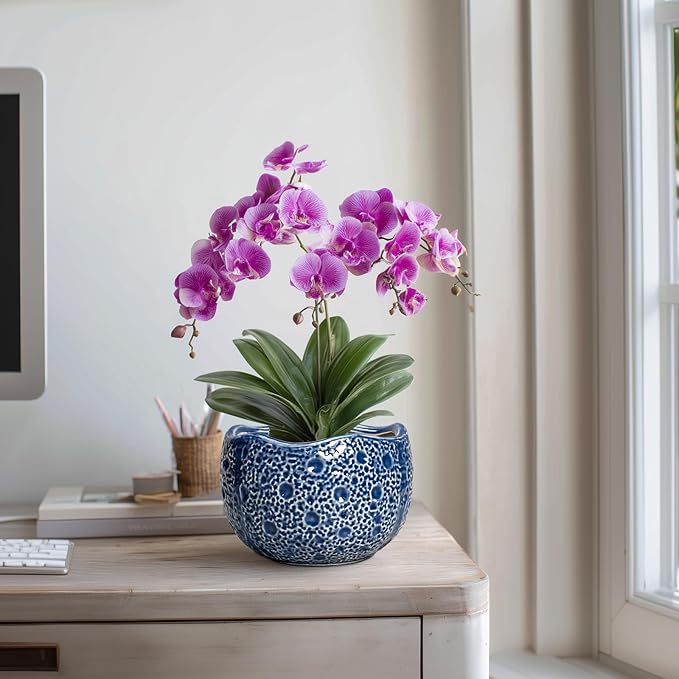 Ceramic Pots for Plants - 8 Inch Round Planter with Drainage Hole, Round Decorative Plant Pots for Indoor Outdoor, Modern Unique Flower Pot, House Living Room Decor, Home Gifts, Blue