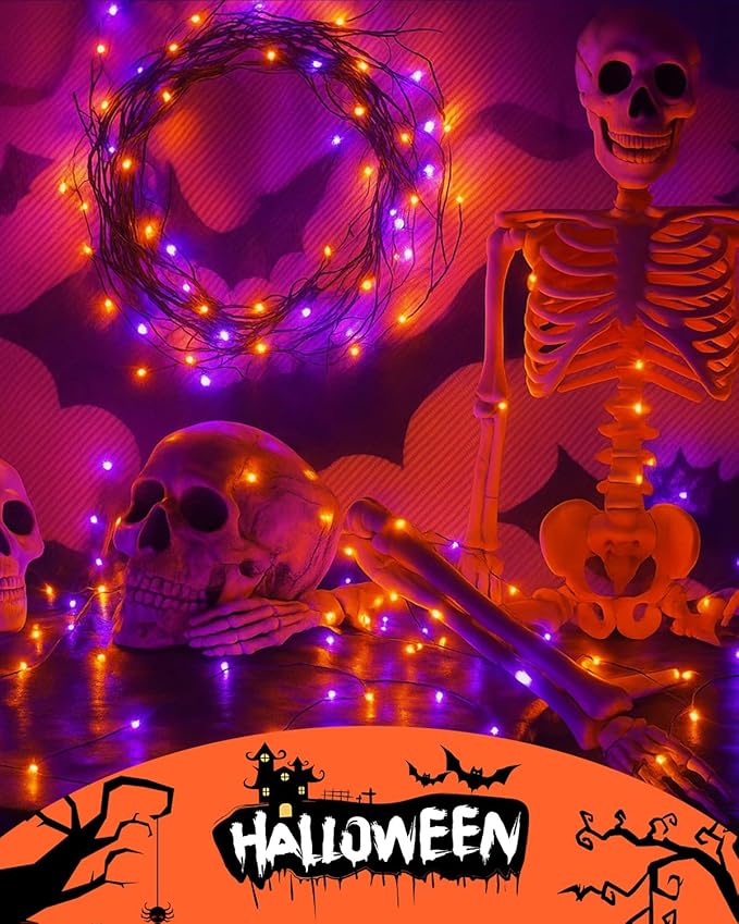 4 Pack 60LED Orange & Purple Fairy Lights Battery Operated with Timer, 20FT Waterproof Christmas Lights Outdoor Indoor, Black Wire String Lights for Bedroom, Party, Centerpiece, Christmas Decorations